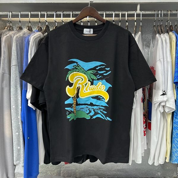 Rhude Coconut Tree Beach Print T-Shirts (Black Beige White)