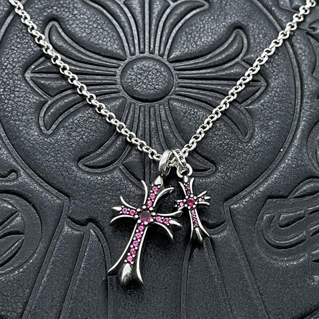 1:1 quality version Sterling Silver CH and Diamond Double Cross Necklace 12 colors