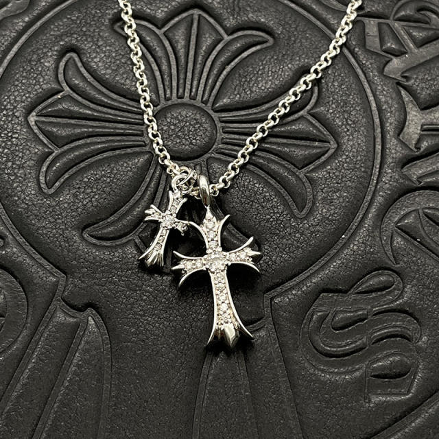 1:1 quality version Sterling Silver CH and Diamond Double Cross Necklace 12 colors