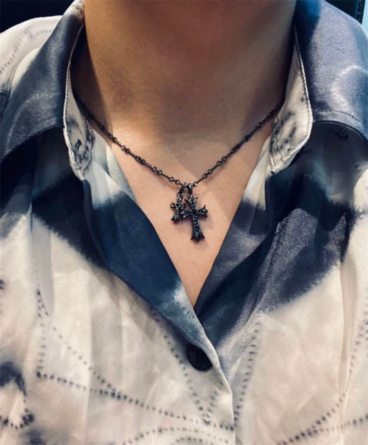 Chr0me  Hearts Black Double Crystal Cross Necklace
