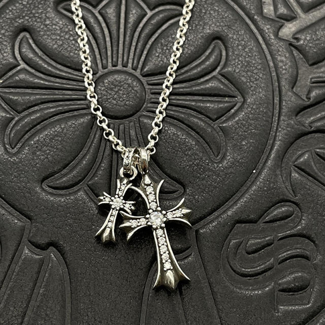 1:1 quality version Sterling Silver CH and Diamond Double Cross Necklace 12 colors