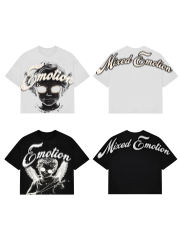 Mixed Emotion Pearl Embellished Letter Clash Cherub Print Tee 2 colors