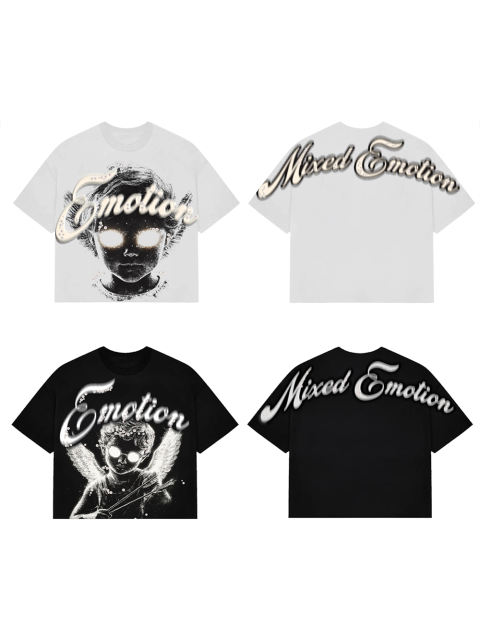 Mixed Emotion Pearl Embellished Letter Clash Cherub Print Tee 2 colors