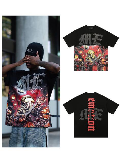 Mixed Emotion Rhinestone Octopus Playing guitar Print Tee