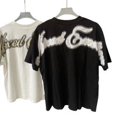 Mixed Emotion Pearl Embellished Letter Clash Cherub Print Tee 2 colors