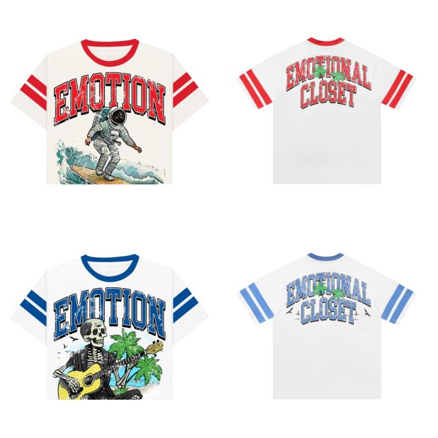 Mixed Emotion Astronaut Surfing Skull Playing Guitar Print Tee 2 colors
