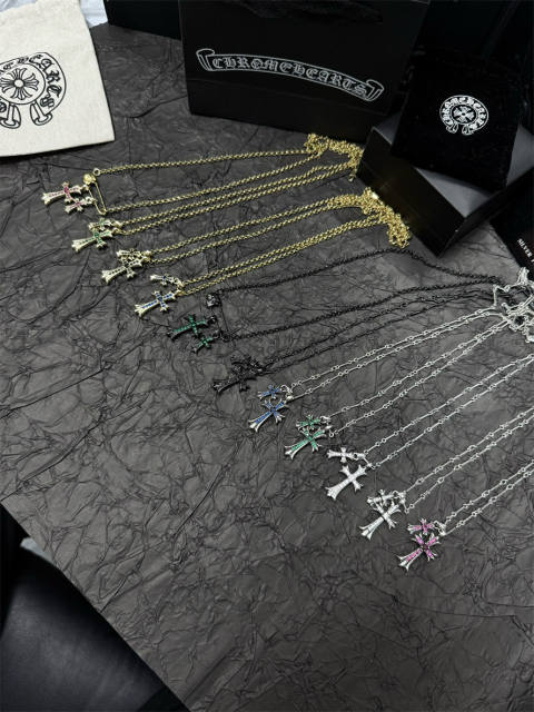 Chrοme Hearts Double Crystal Cross Necklace （with box）