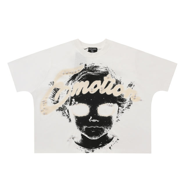 Mixed Emotion Pearl Embellished Letter Clash Cherub Print Tee 2 colors