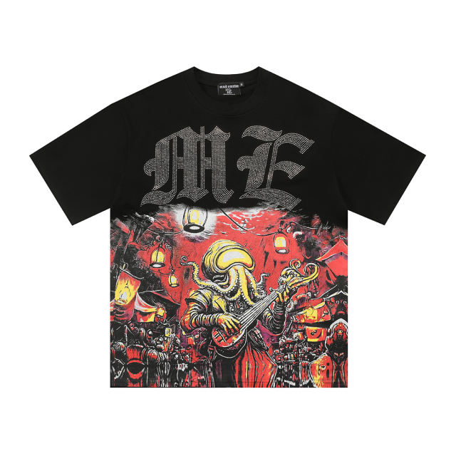 Mixed Emotion Rhinestone Octopus Playing guitar Print Tee