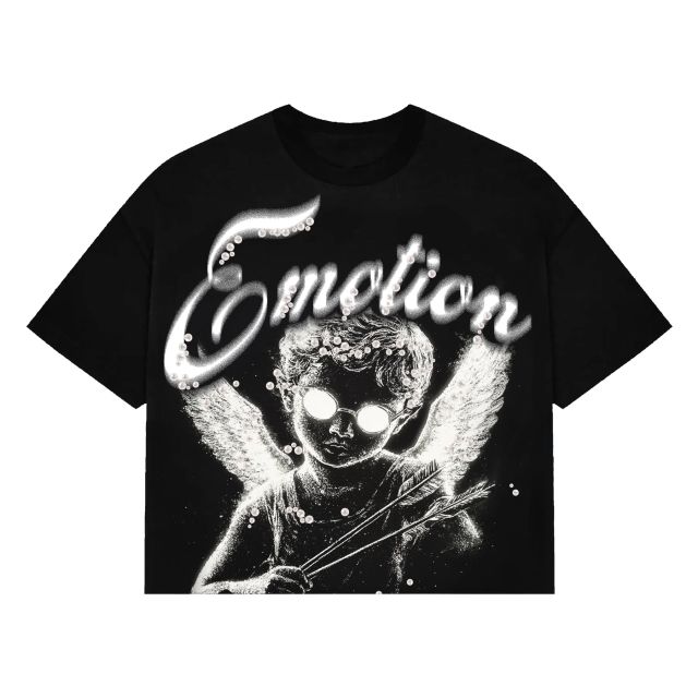 Mixed Emotion Pearl Embellished Letter Clash Cherub Print Tee 2 colors