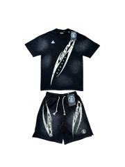 28214421 Distressed H Letter Logo Print Washed Version Tee & Shorts Set