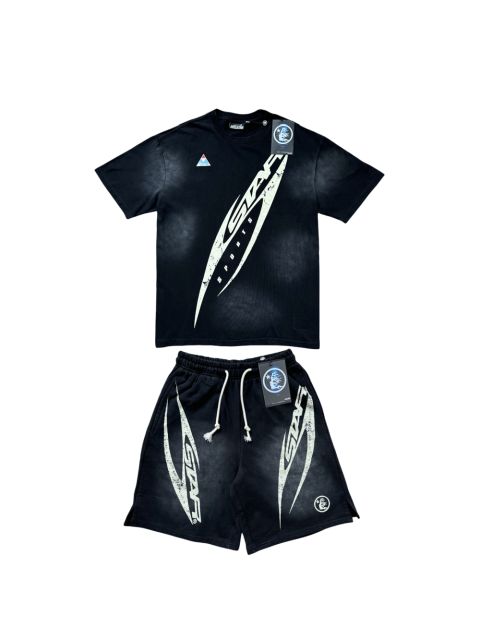 28214421 Distressed H Letter Logo Print Washed Version Tee & Shorts Set