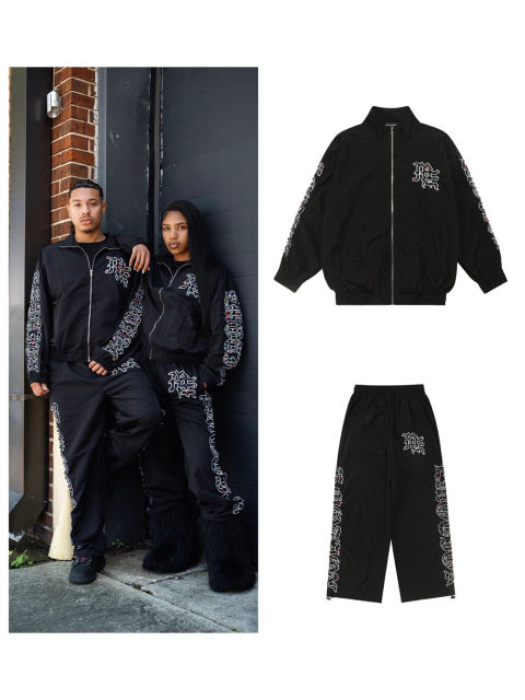 28216326 Embroidered Logo Colorful Rhinestone  Nylon Jacket & Pants Set