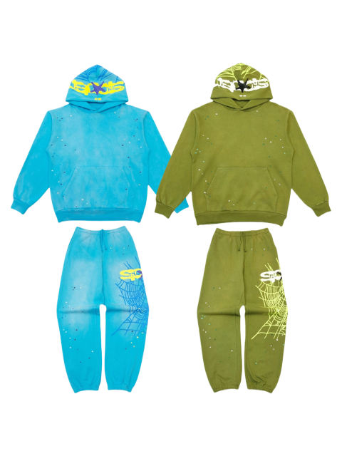 1:1 quality version Hood Spiderweb Print Washed Version Hoodie & Pants Set 2 colors