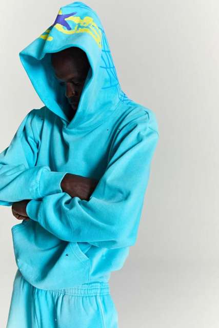 1:1 quality version Hood Spiderweb Print Washed Version Hoodie & Pants Set 2 colors