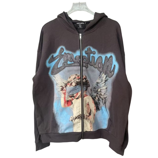 Blindfolded Angel Rhinestone Letter Print Zipper Hoodie