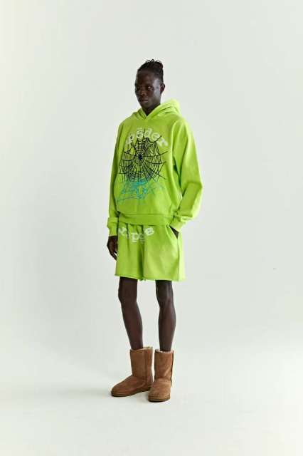 1:1 quality version  Gradient Spiderweb Print Bright Green Hoodie & Shorts Set