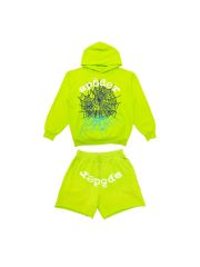 1:1 quality version  Gradient Spiderweb Print Bright Green Hoodie & Shorts Set