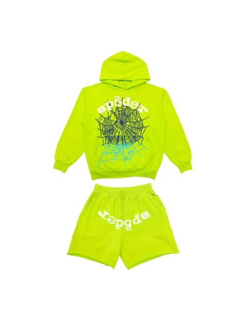 1:1 quality version  Gradient Spiderweb Print Bright Green Hoodie & Shorts Set