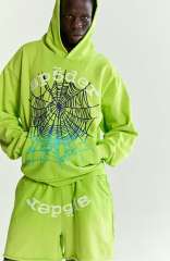 1:1 quality version  Gradient Spiderweb Print Bright Green Hoodie & Shorts Set