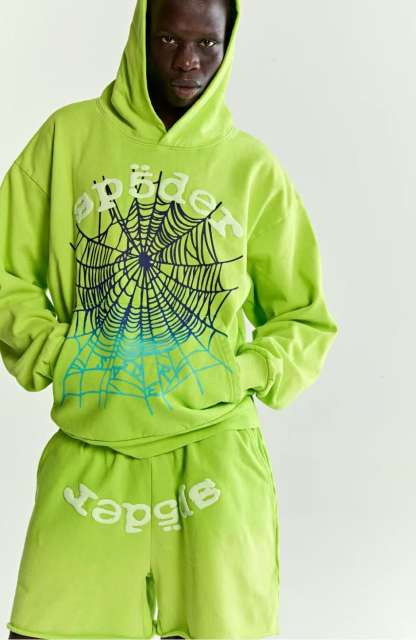 1:1 quality version  Gradient Spiderweb Print Bright Green Hoodie & Shorts Set