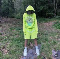1:1 quality version  Gradient Spiderweb Print Bright Green Hoodie & Shorts Set