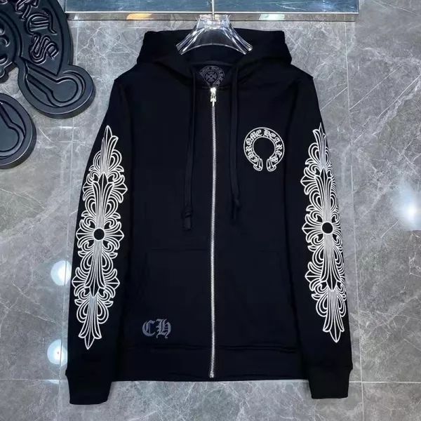 Chr0me Hearts Sleeve Print Back Horseshoe Logo Zipped Hoodie Black White TikTok Viral Item