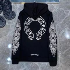 Chr0me Hearts Sleeve Print Back Horseshoe Logo Zipped Hoodie Black White TikTok Viral Item