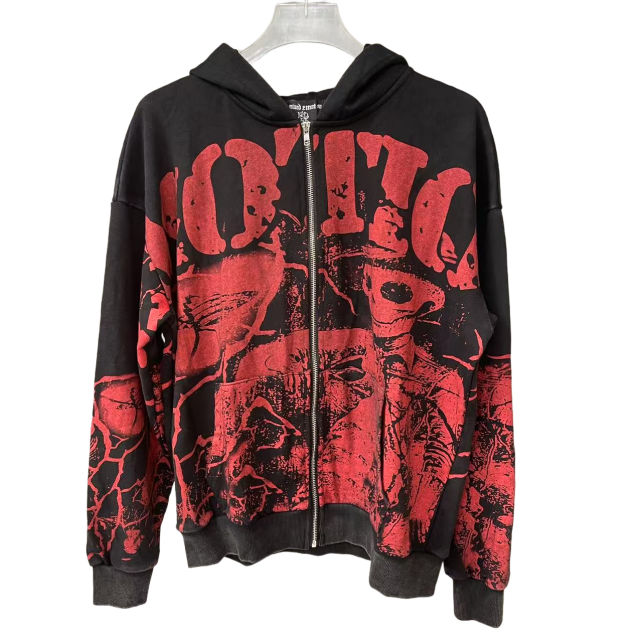 Mixed Emotion Red skull mottled letter printed Hoodie