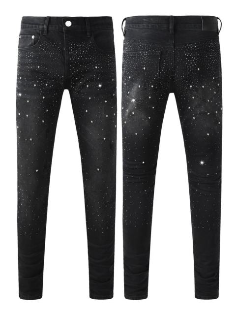 1:1 Quality Version Purple Rhinestone Black Jeans