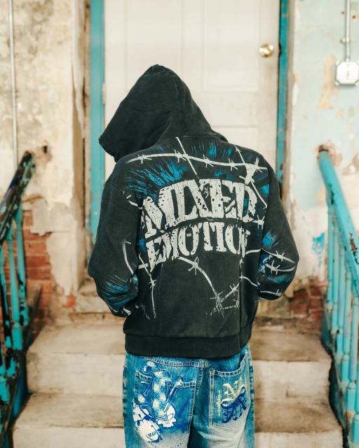 Mixed Emotion Distressed Black Printed Hoodie