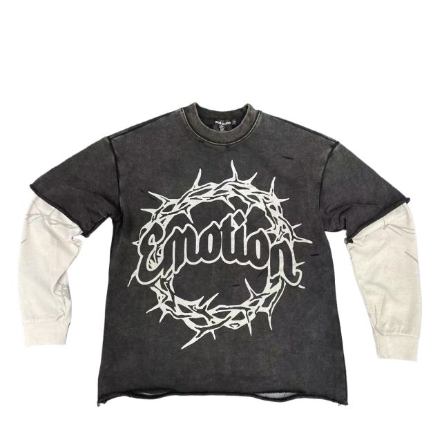 Mixed Emotion Fake two-piece sleeve patchwork distressed sweatshirt