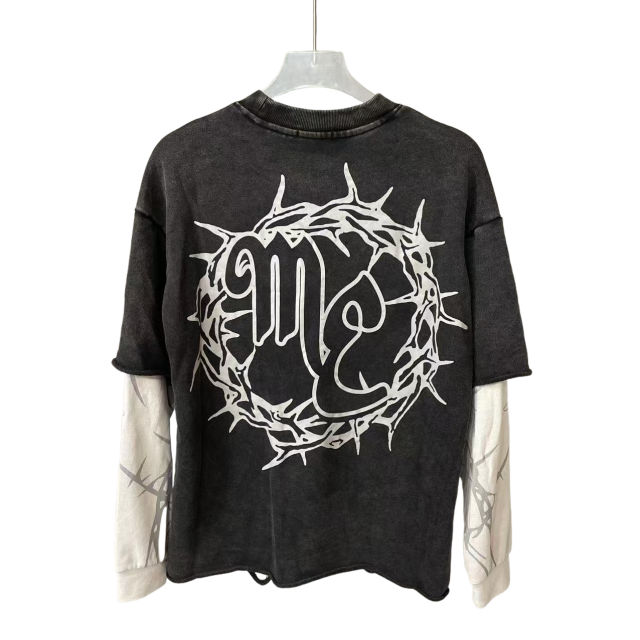 Mixed Emotion Fake two-piece sleeve patchwork distressed sweatshirt