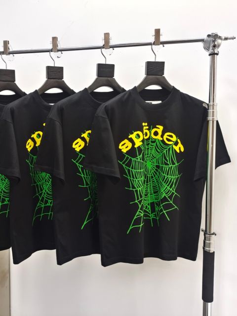 1:1 Quality Yellow Letter Green Spider Web Print Print Tee