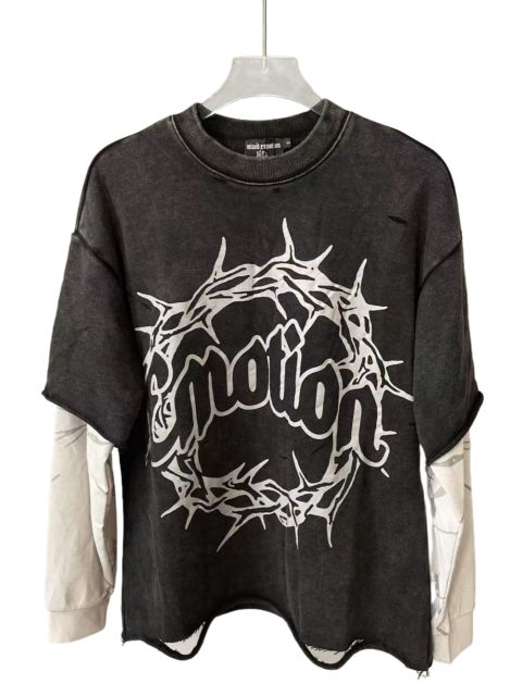 Mixed Emotion Fake two-piece sleeve patchwork distressed sweatshirt