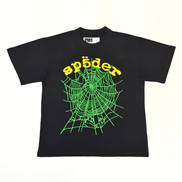 1:1 Quality Yellow Letter Green Spider Web Print Print Tee