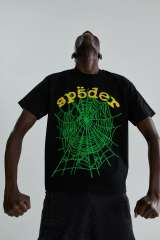 1:1 Quality Yellow Letter Green Spider Web Print Print Tee