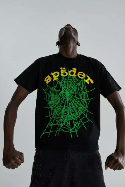 1:1 Quality Yellow Letter Green Spider Web Print Print Tee
