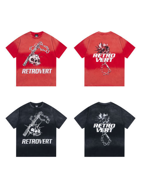 Retro Vert Skull Chain Print Washed Version Tee 2 colors