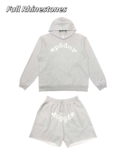 [ON SALE]1:1 Top Quality Version Sp5der Full Rhinestone Hoodie & Shorts Set