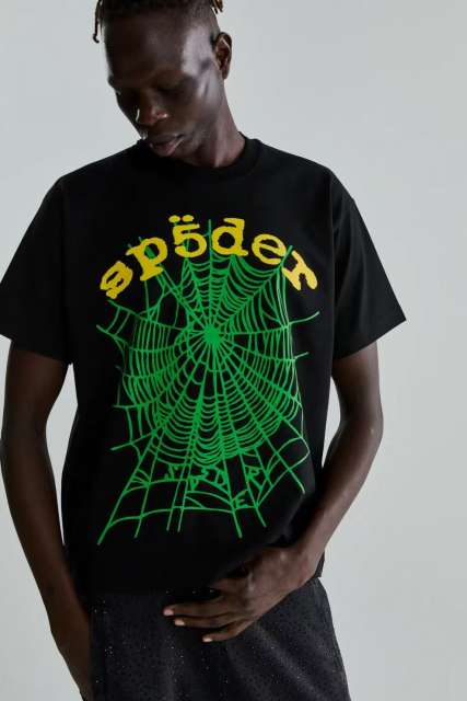 1:1 Quality Yellow Letter Green Spider Web Print Print Tee