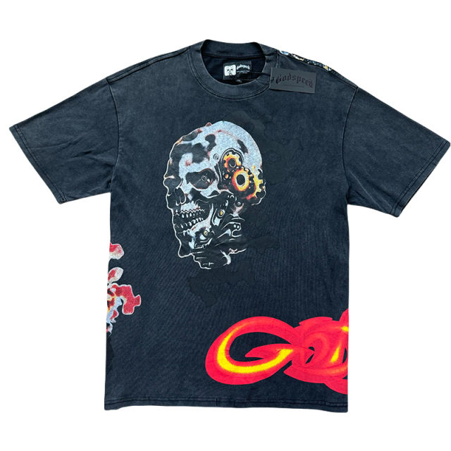 Hellstar Flame Letter Burnt Skull Print Washed Version Tee 2 colors