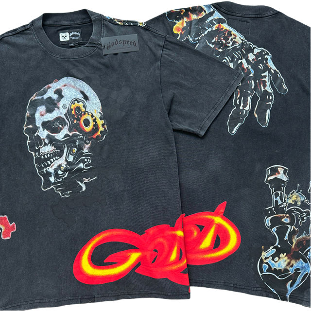 Hellstar Flame Letter Burnt Skull Print Washed Version Tee 2 colors