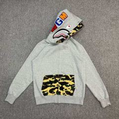 [Best Quality] 1:1 Bape Double Hood Green Camo Shark Hoodie Gray