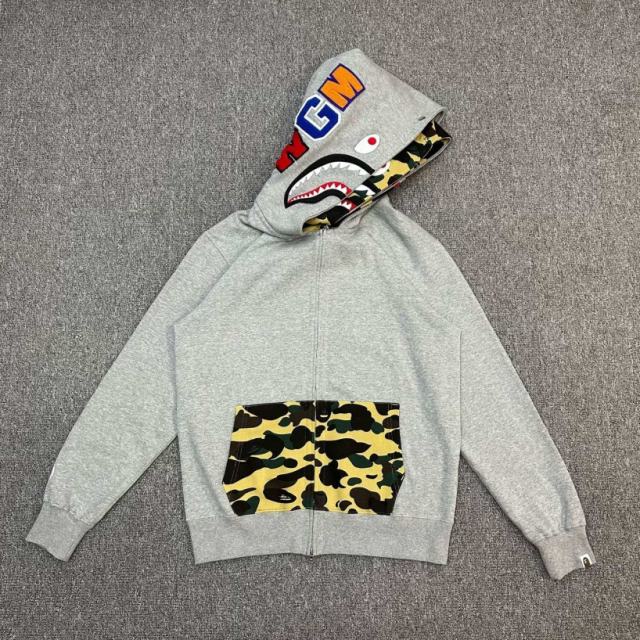 [Best Quality] 1:1 Bape Double Hood Green Camo Shark Hoodie Gray