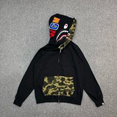 [Best Quality] 1:1 Bape Double Hood Green Camo Shark Hoodie Black