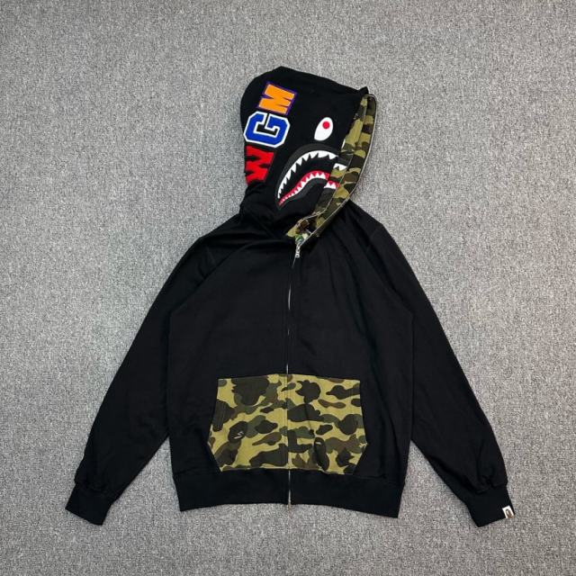 [Best Quality] 1:1 Bape Double Hood Green Camo Shark Hoodie Black