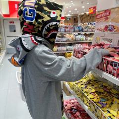[Best Quality] 1:1 Bape Double Hood Green Camo Shark Hoodie Gray