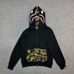 [Best Quality] 1:1 Bape Double Hood Green Camo Shark Hoodie Black