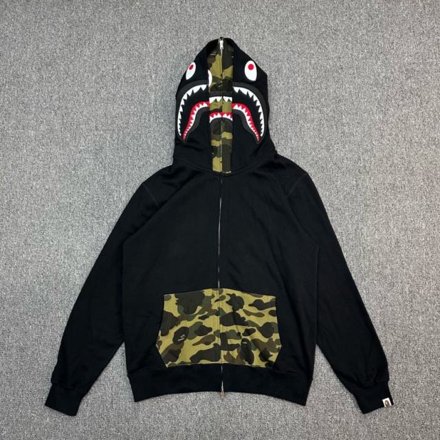 [Best Quality] 1:1 Bape Double Hood Green Camo Shark Hoodie Black